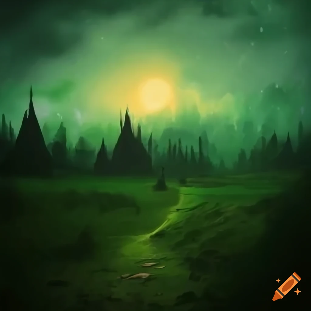 Beautiful sunny landscape contrasting with a dark burning figure in rot and rain