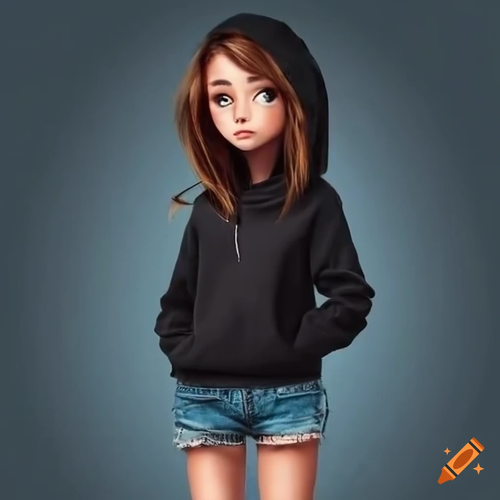 Girl with brown hair in black hoodie and denim shorts