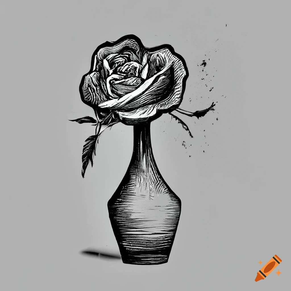 Woodcut of a single rose in a slender vase in black and white
