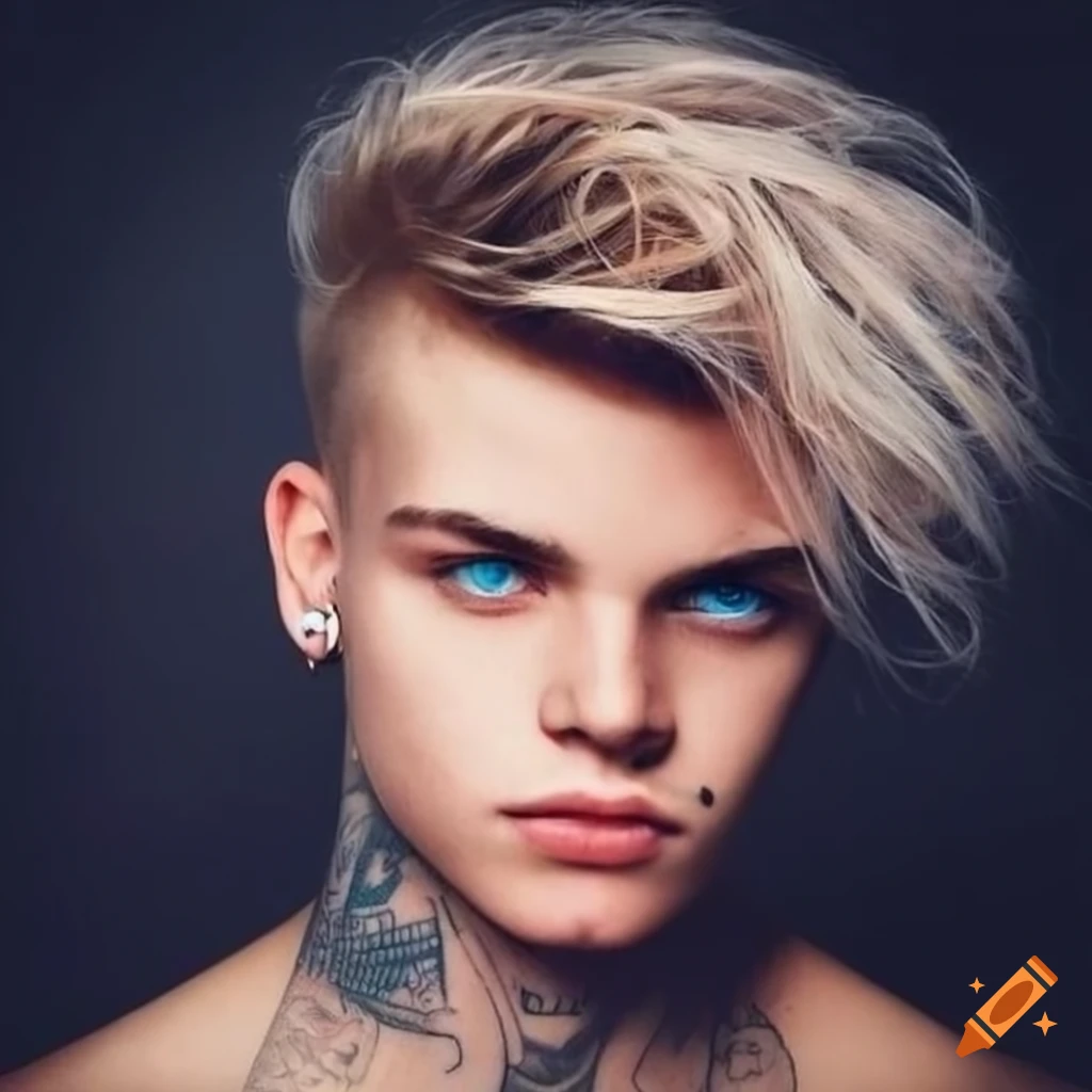 Young man with blonde hair, blue eyes, tattoos, and piercings