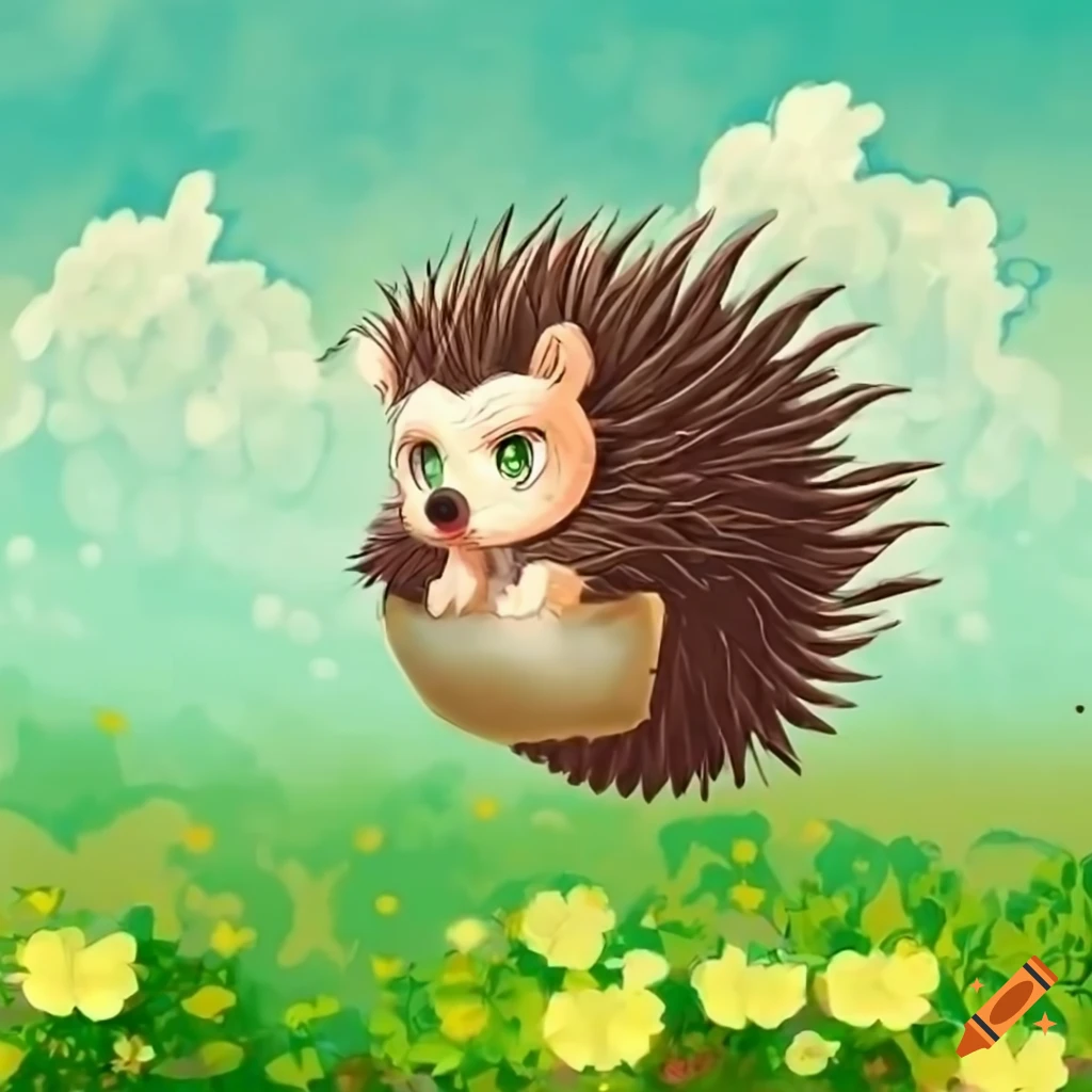 Anime hedgehog flying over a mouse on a field of flowers and grass