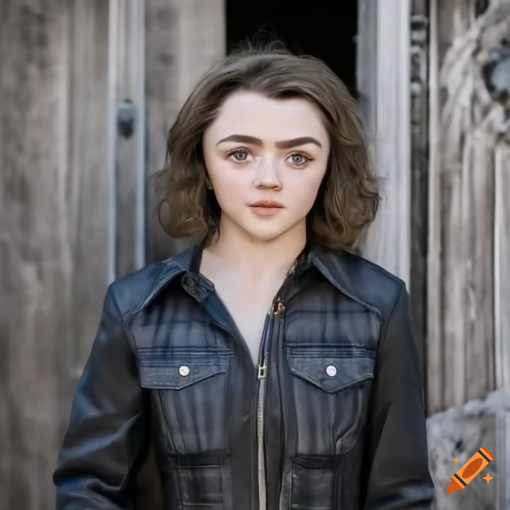 Actress Maisie Williams in country-plaid shirt and black leather outfit