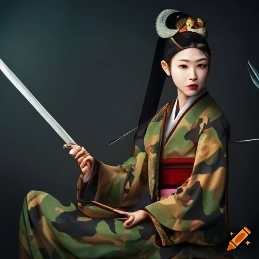 Camouflage-covered kimono girls with swords in a unique print style
