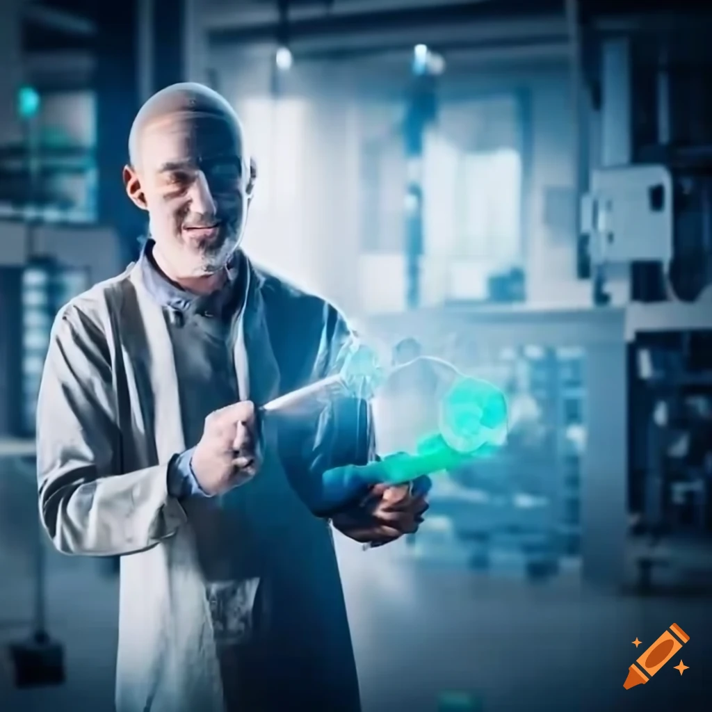 Happy man inspecting a plastic part with a magnifying glass in a well-lit factory