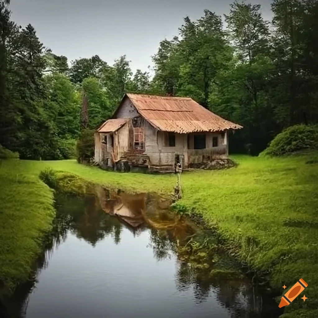 House by a river in the countryside with various animals on Craiyon