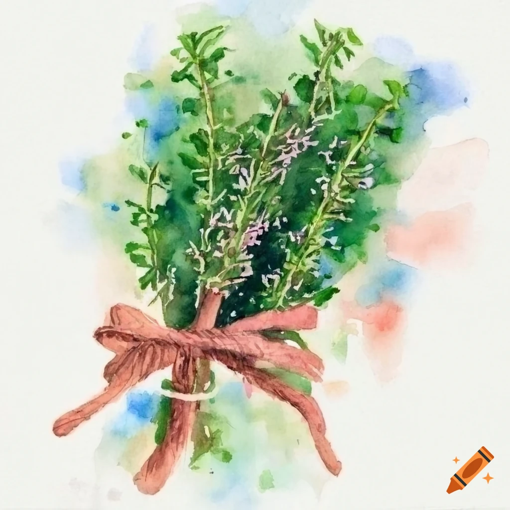 Thyme bunch tied with twine in watercolor on white background