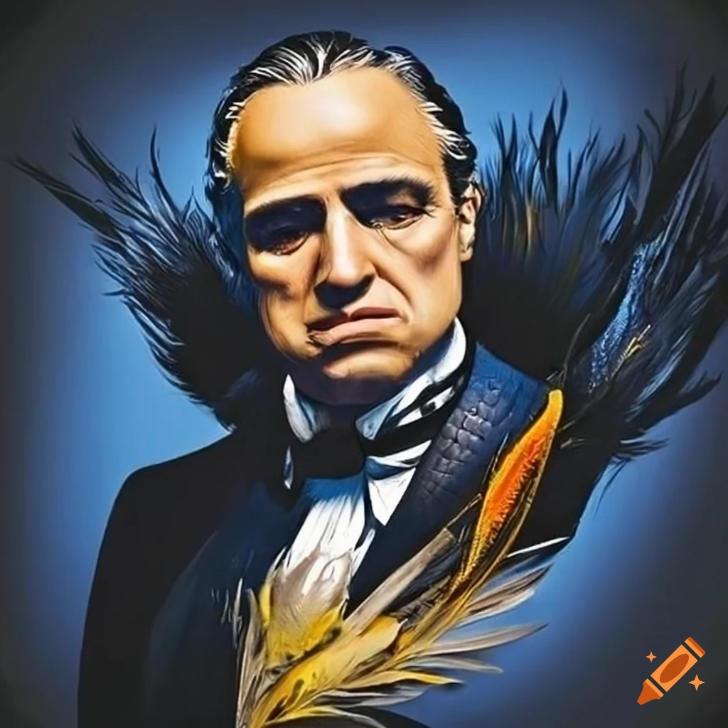 Creative portrayal of a figure with blue and yellow feathers and a black bird beak