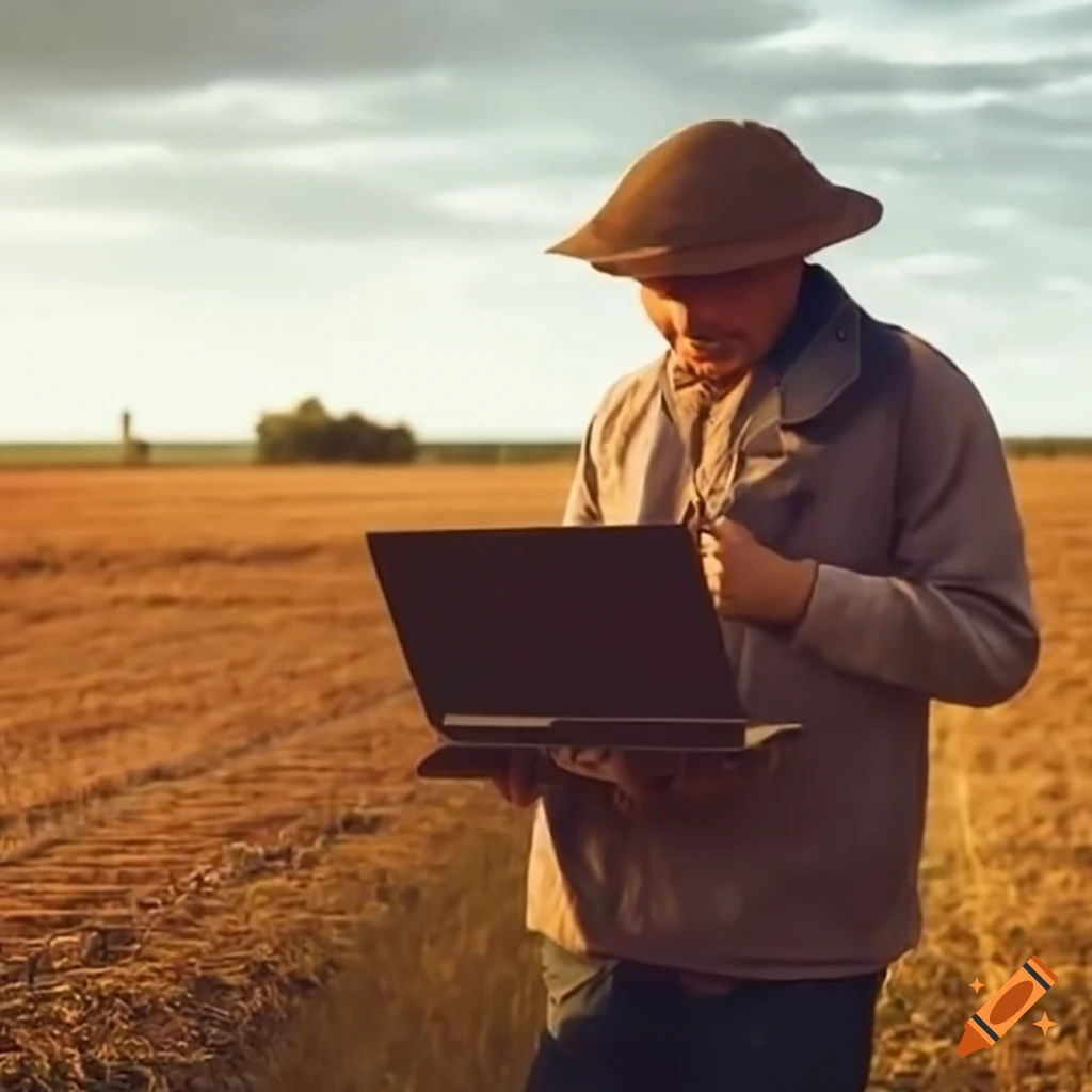 Modern laptop on an old-fashioned farm with a farmer using technology
