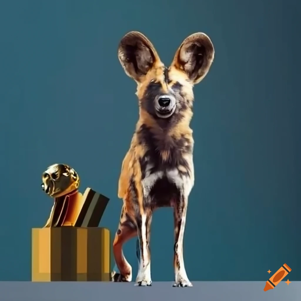 Wild dog standing next to a golden sports trophy