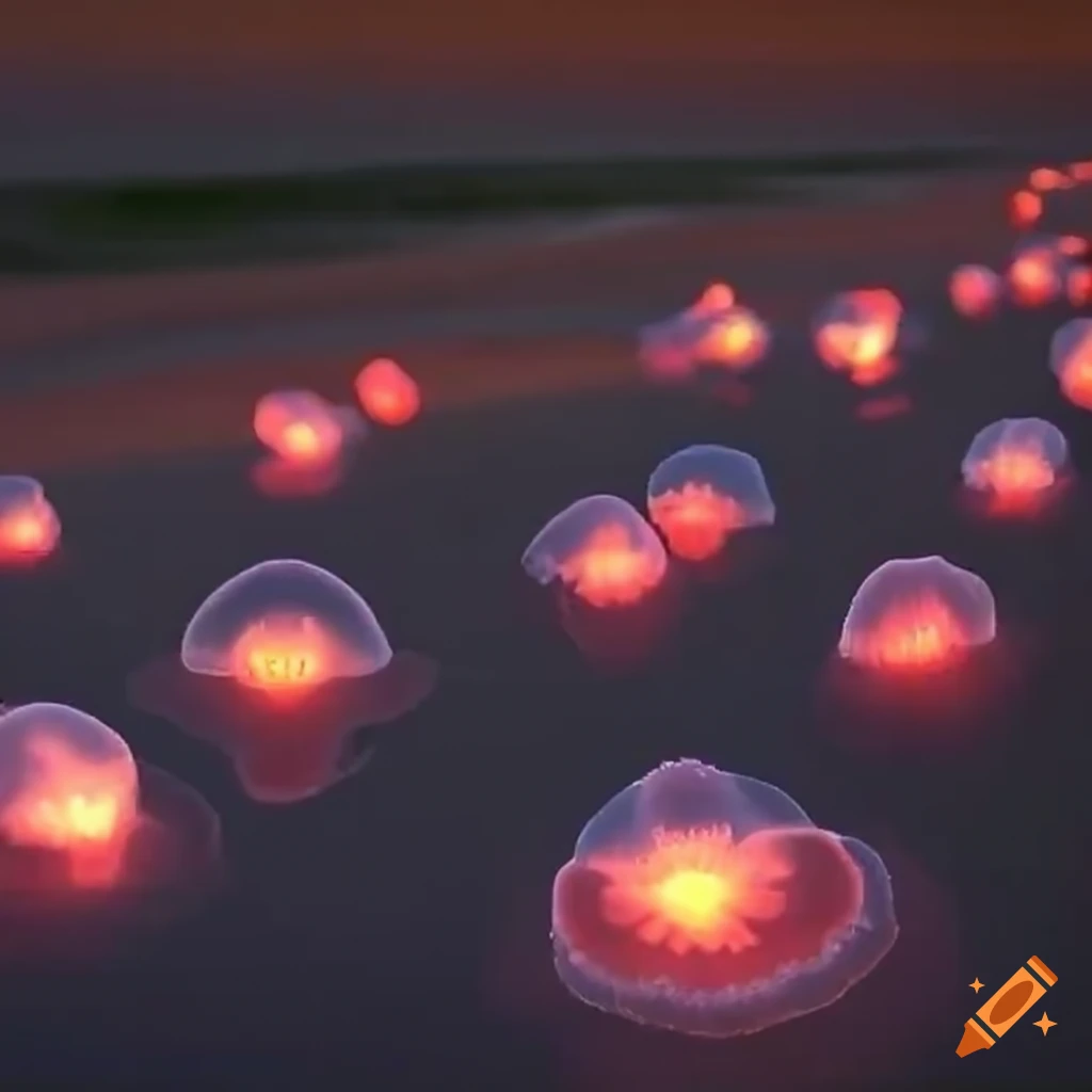 Beautiful beach with glowing jellyfish in the ocean water