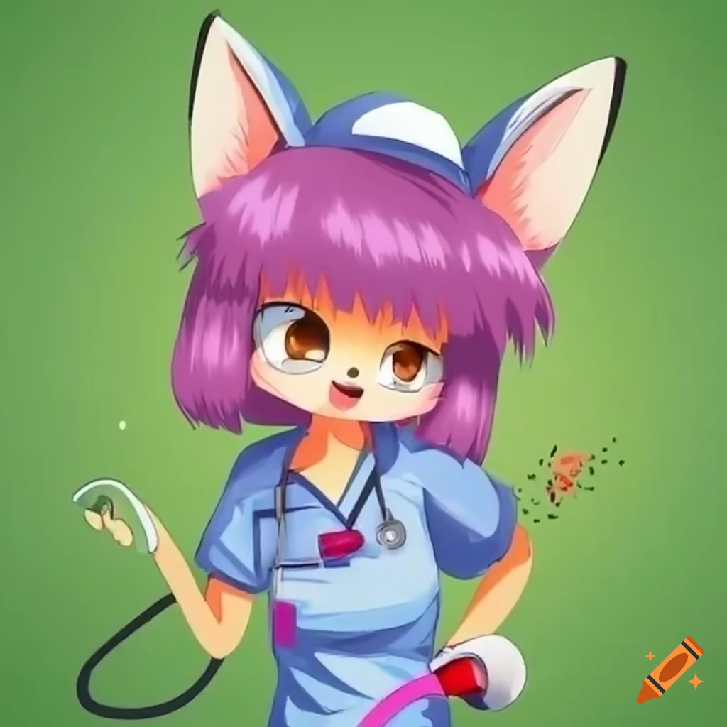 Anime furry fox forest nurse checking bunny's blood pressure