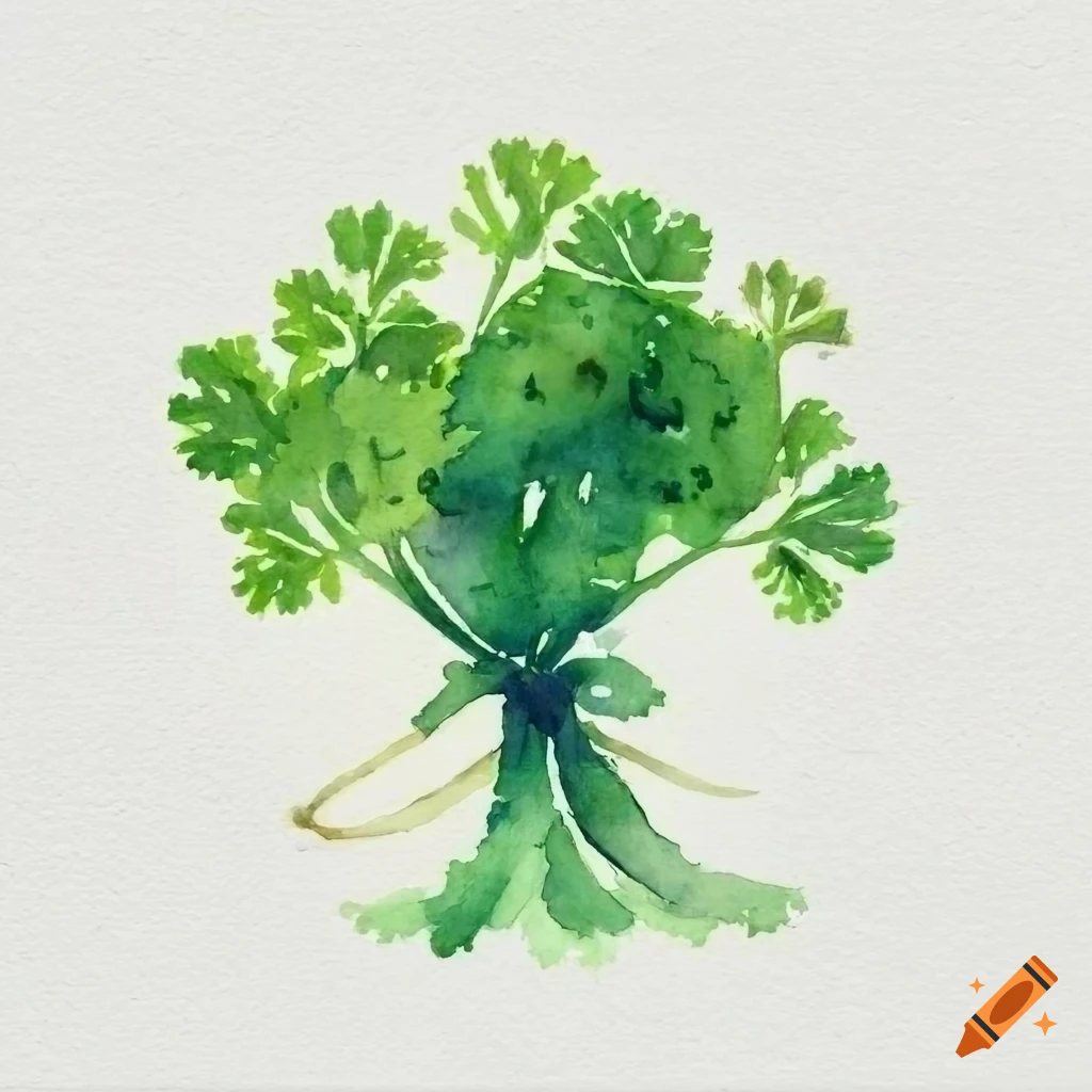 Watercolor painting of parsley tied with twine on white background