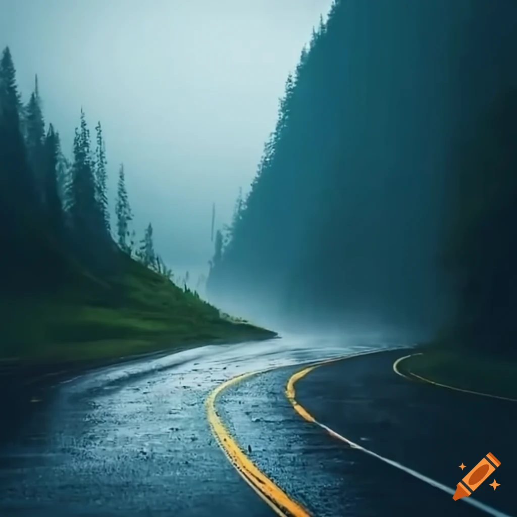 Adventure car journey on winding mountain road in the rain