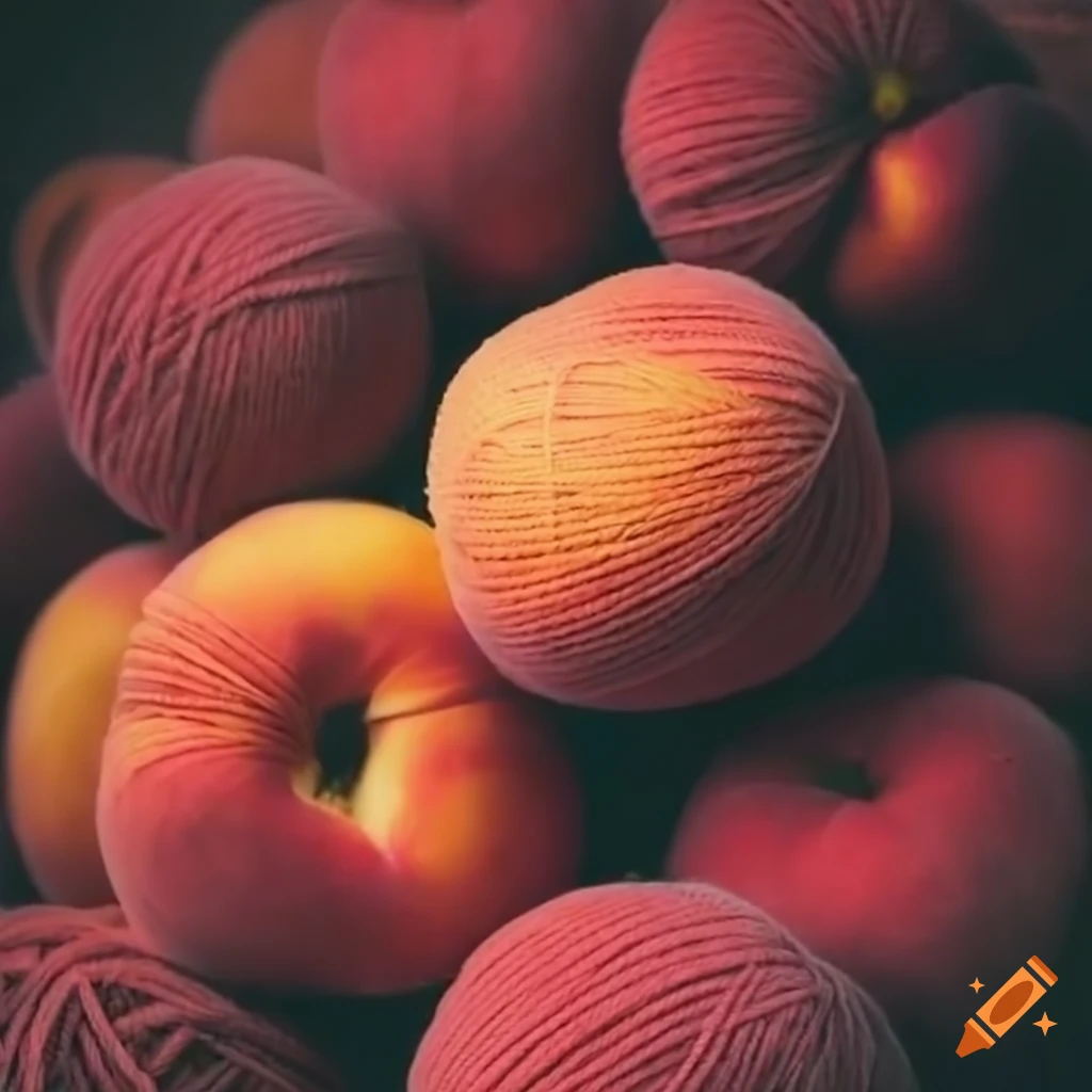 Ripe peach on pile of yarn balls
