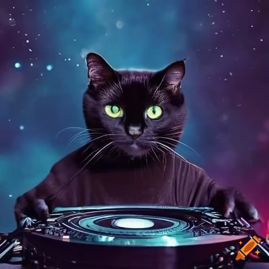 The best female DJ with a black cat in the cosmos on Craiyon