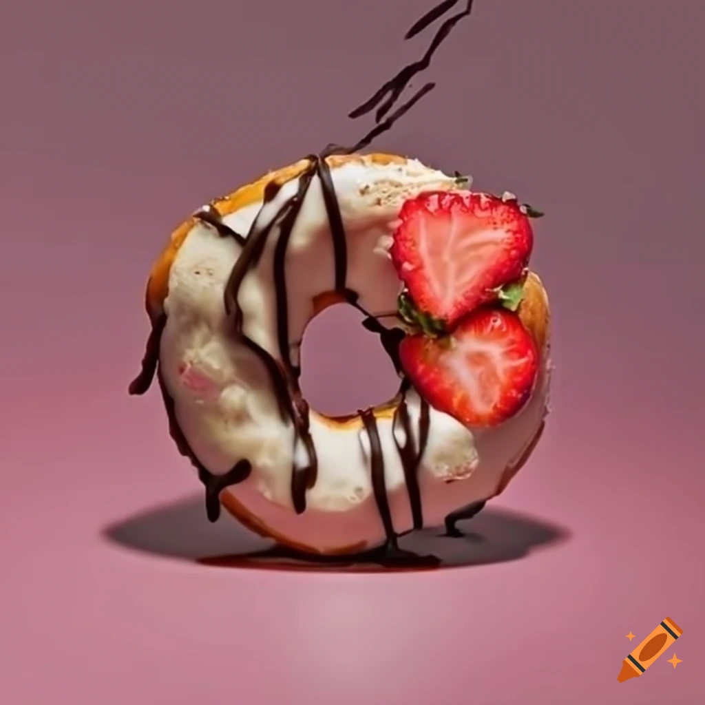 Delicious doughnut with strawberries and chocolate drizzle