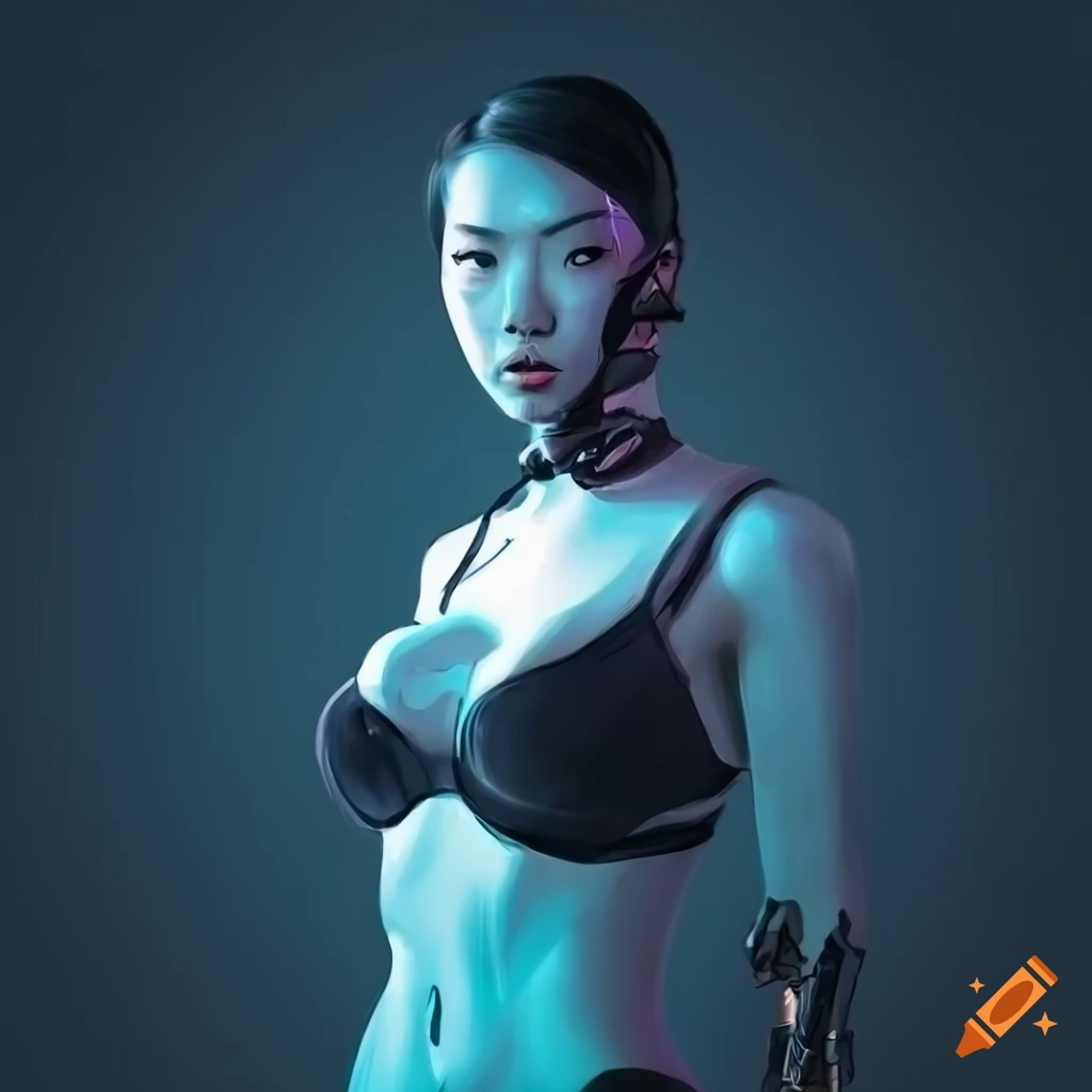 Isometric portrait of a cyborg Asian girl in a vaporware cyberpunk style