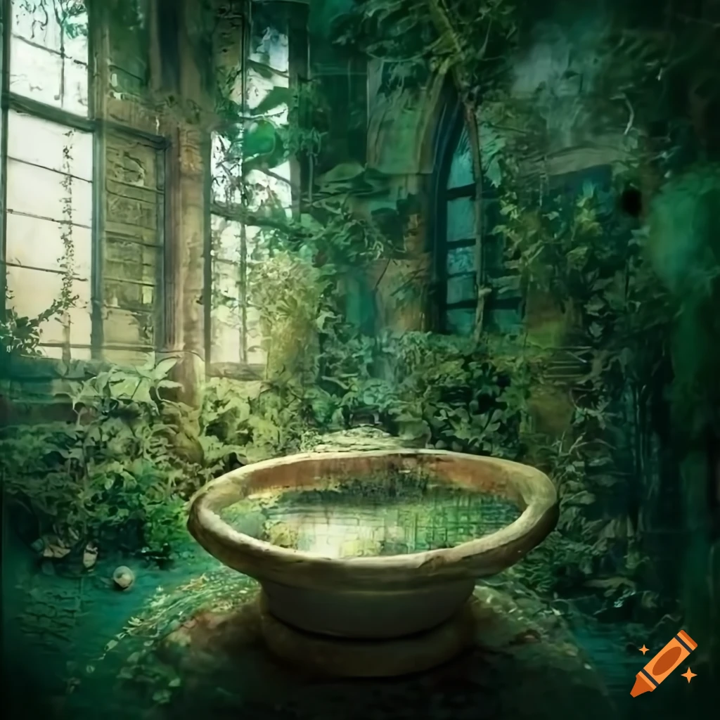 Dim greenhouse room with overgrown plants, vintage birdbath, and gothic window