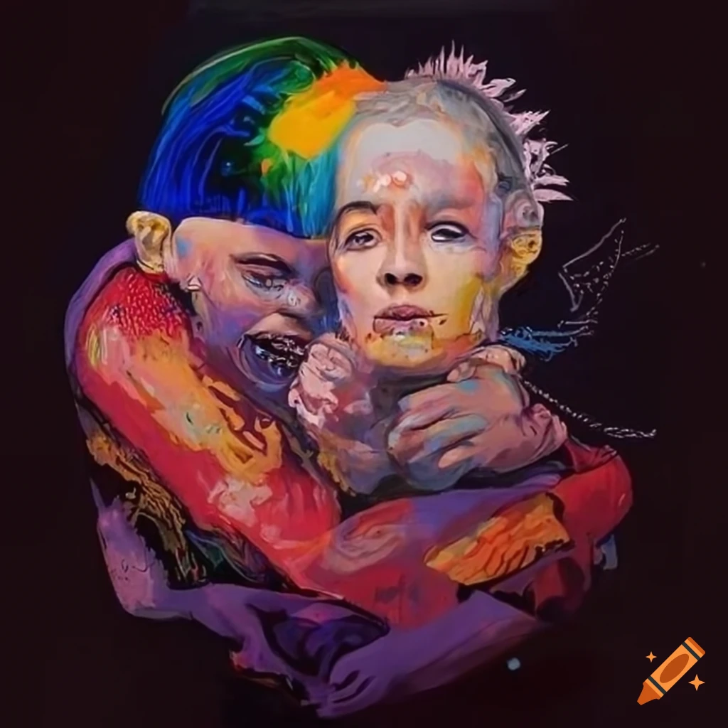 Surrealist painting of Japanese kamikiri hugging punk man with wings in space
