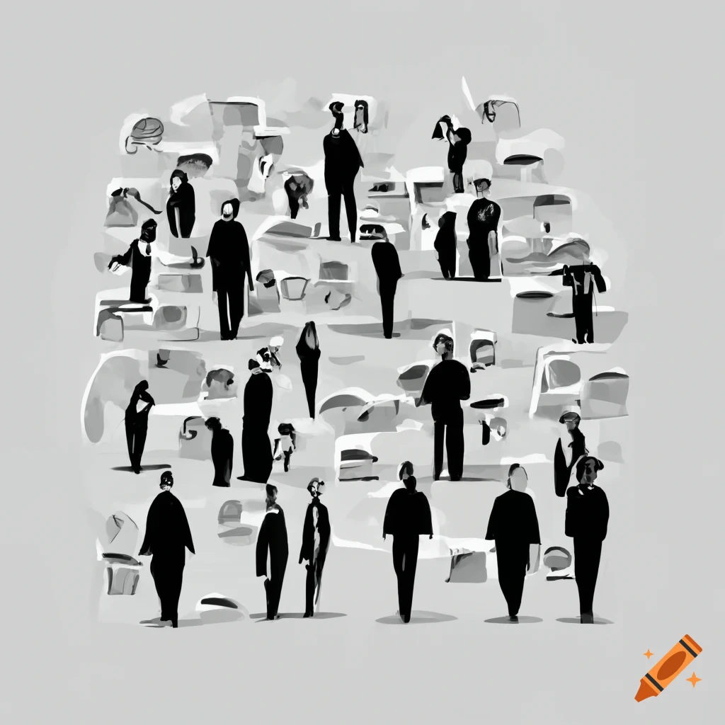 Individual surrounded by successful colleagues in a thoughtful pose