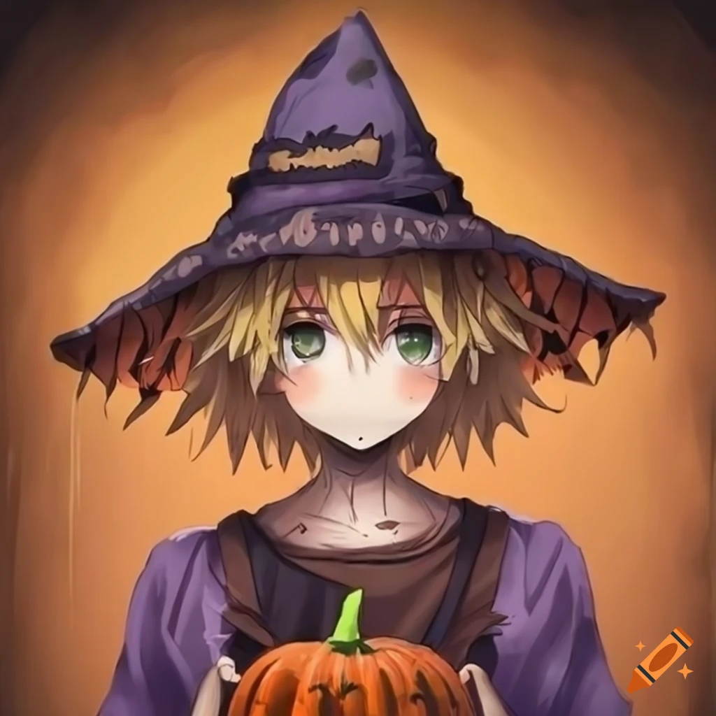 Anime portrait of Halloween scarecrow boy holding a pumpkin basket
