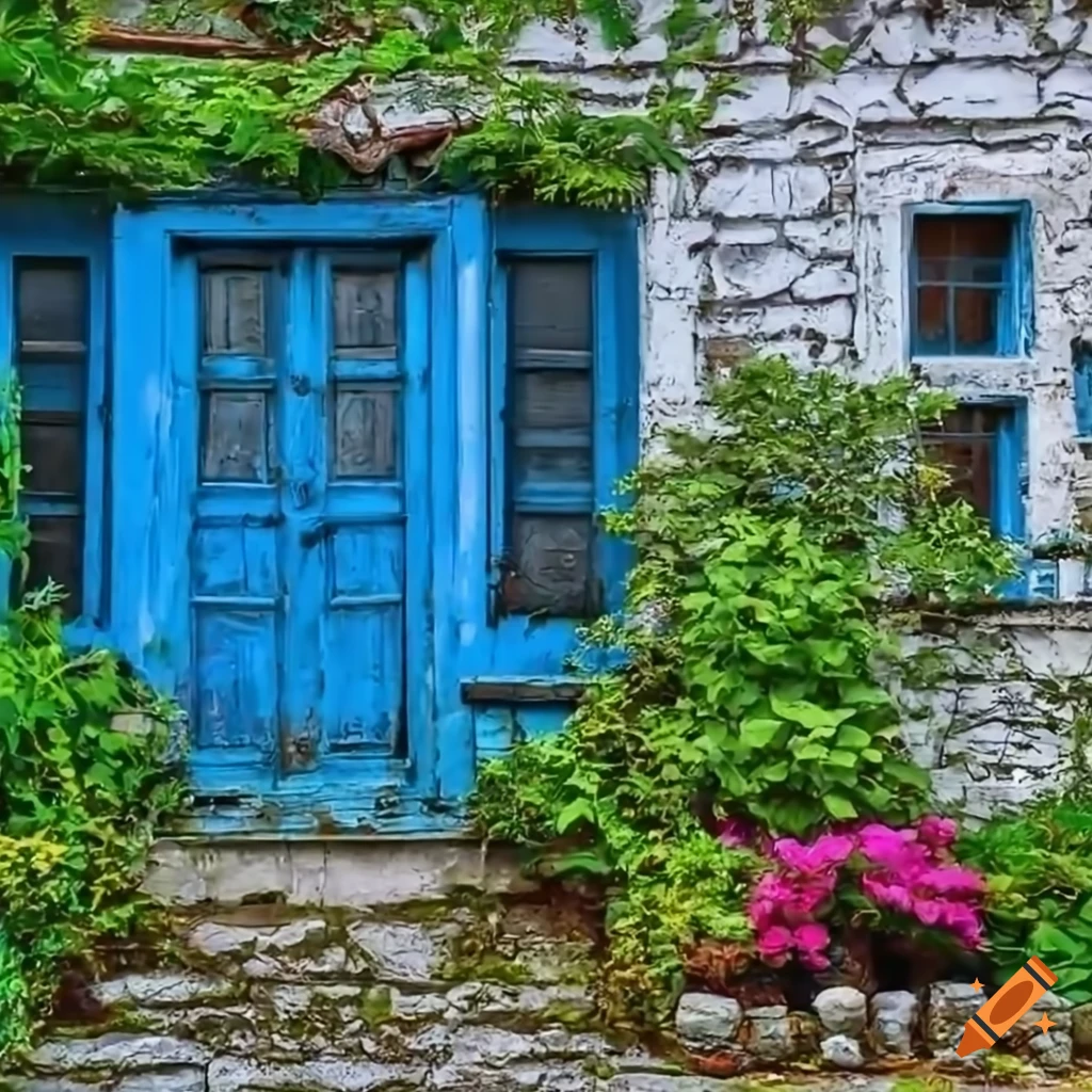Old house by the sea with white stone walls, blue doors, and windows surrounded by flowers and plants