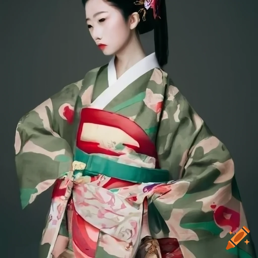 Camouflage-covered kimono girls with swords in a unique print style