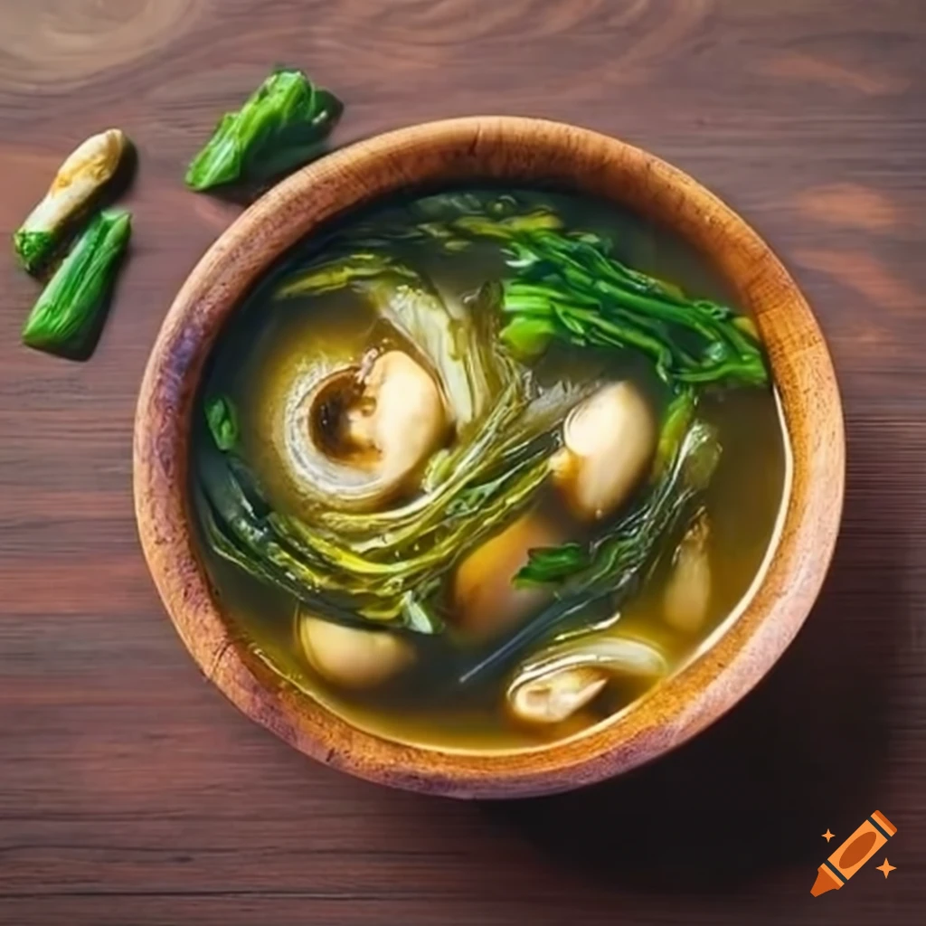 Savory seaweed soup in a traditional wooden bowl