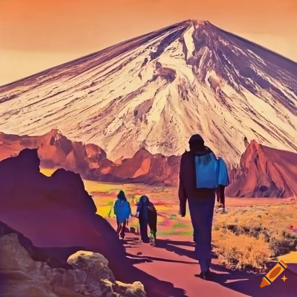 People Walking Under Mount Teide In 1930s Vivid Colored Poster Style On people-walking-under-mount-teide-in-1930s-vivid-colored-poster-style-on