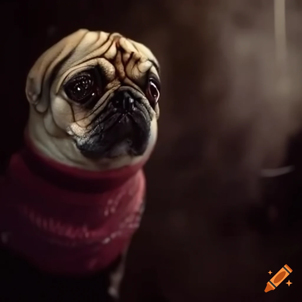 Transformation of Anna Paquin into a cute pug in a fantasy horror scene