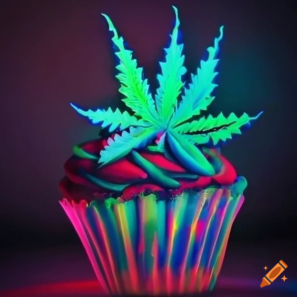 Vibrant neon art of a colorful cupcake with weed infusion