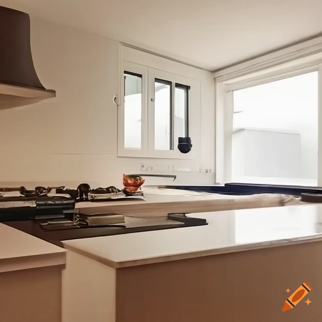 Modern kitchen in France with large window and exterior screen