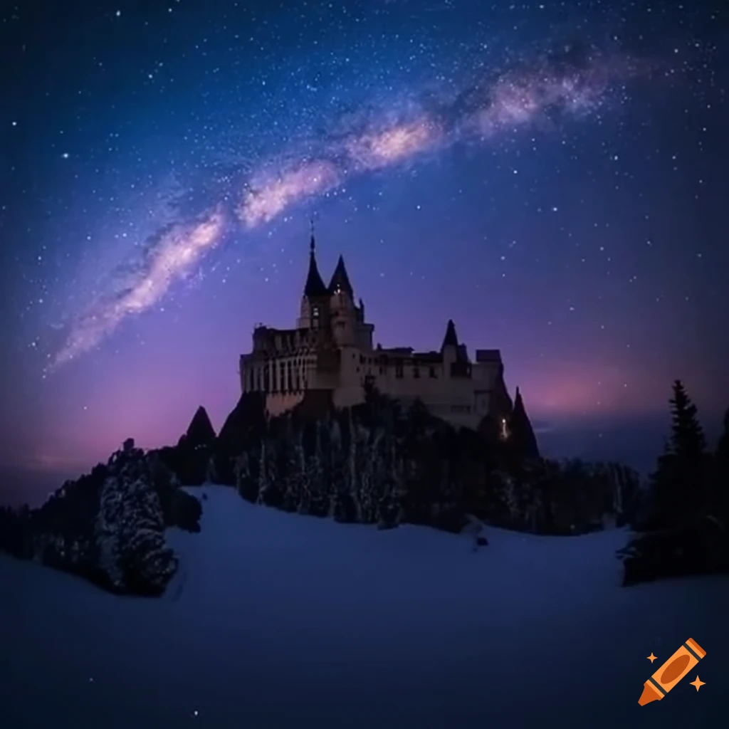 Castle in snowy mountains under a starry night sky on Craiyon