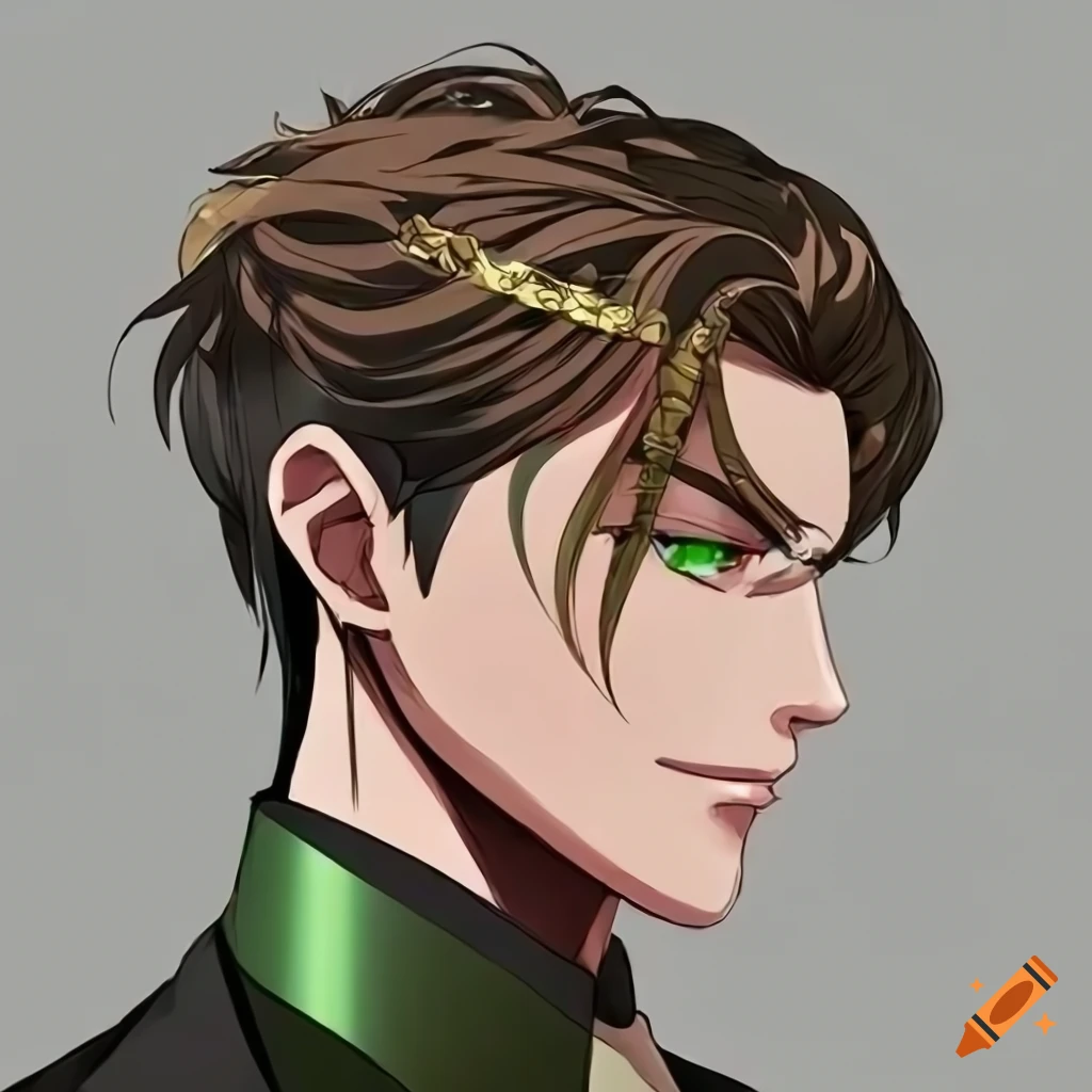 Manhwa character with slicked back brown hair in black suit and green tie