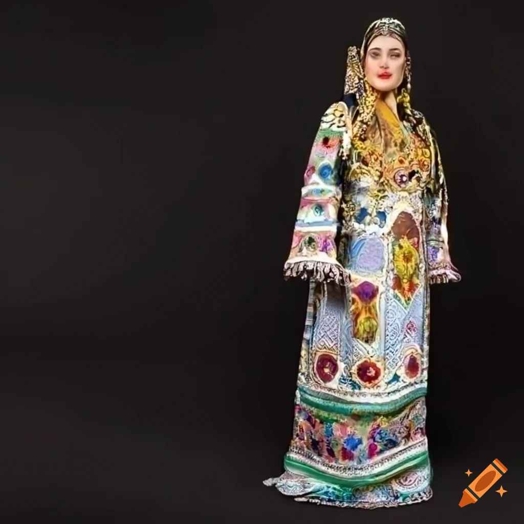 Colorful portrait of a young uzbek woman in intricate national clothes ...