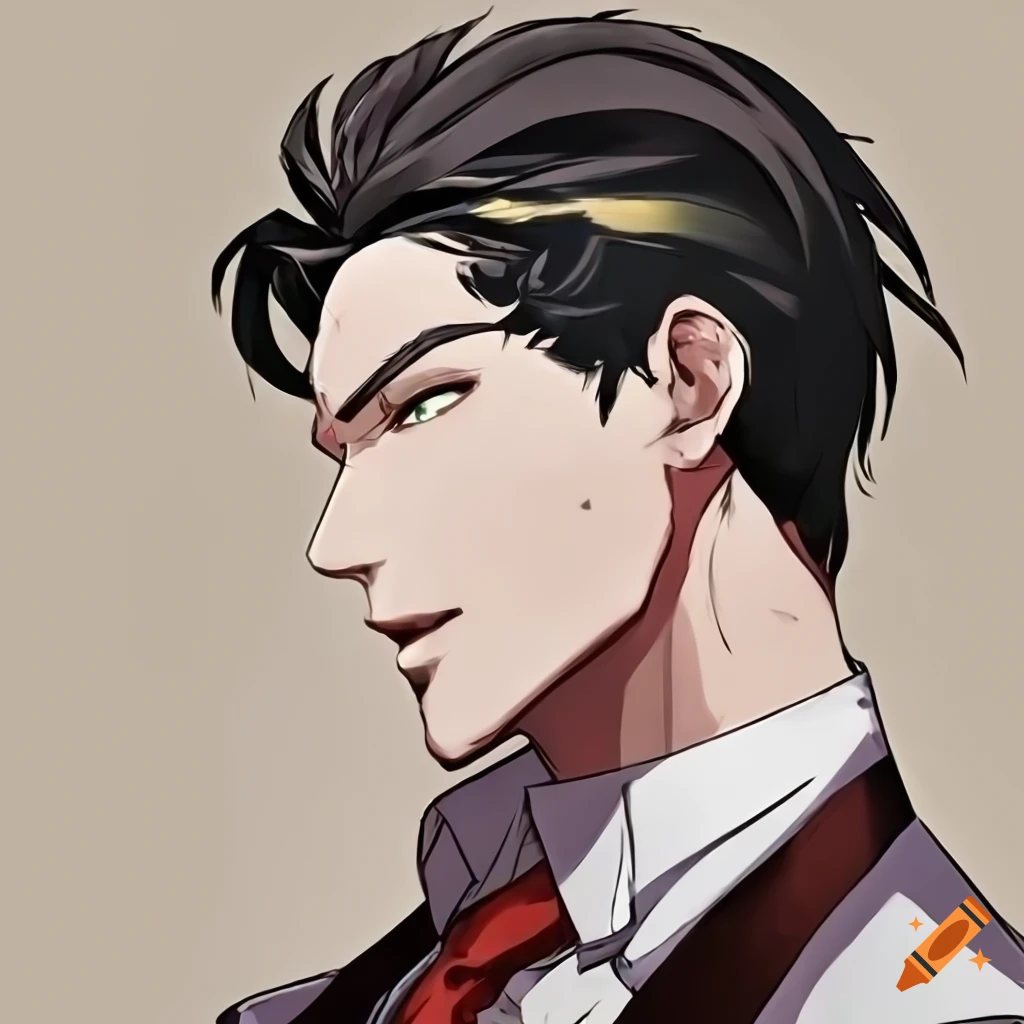 Manhwa character Claude with black hair in white suit and red tie grinning