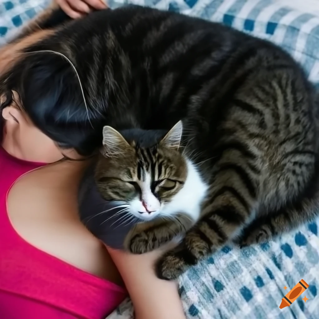 Woman sleeping with a cat on her neck viewed from above