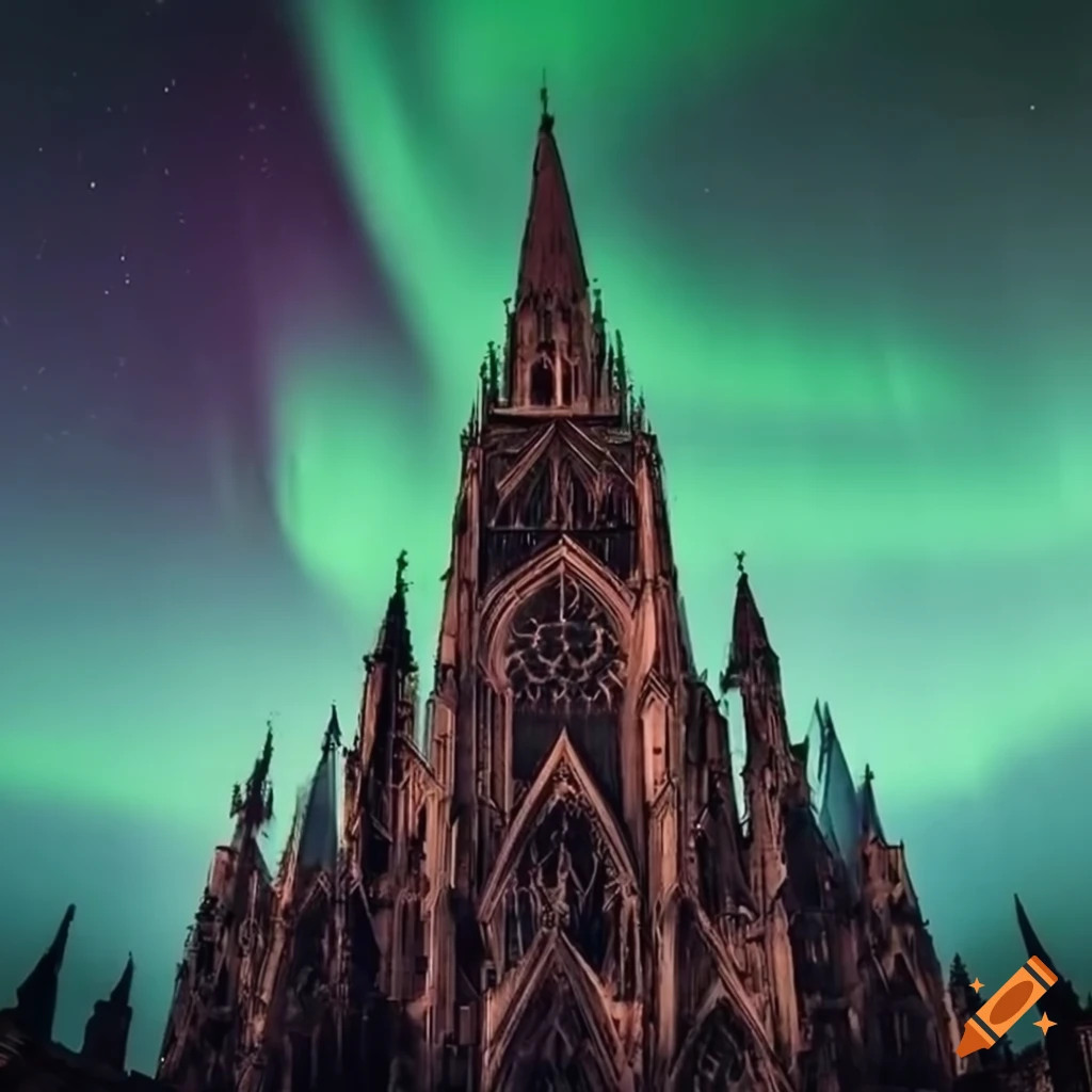 Burning gothic architecture city under northern lights