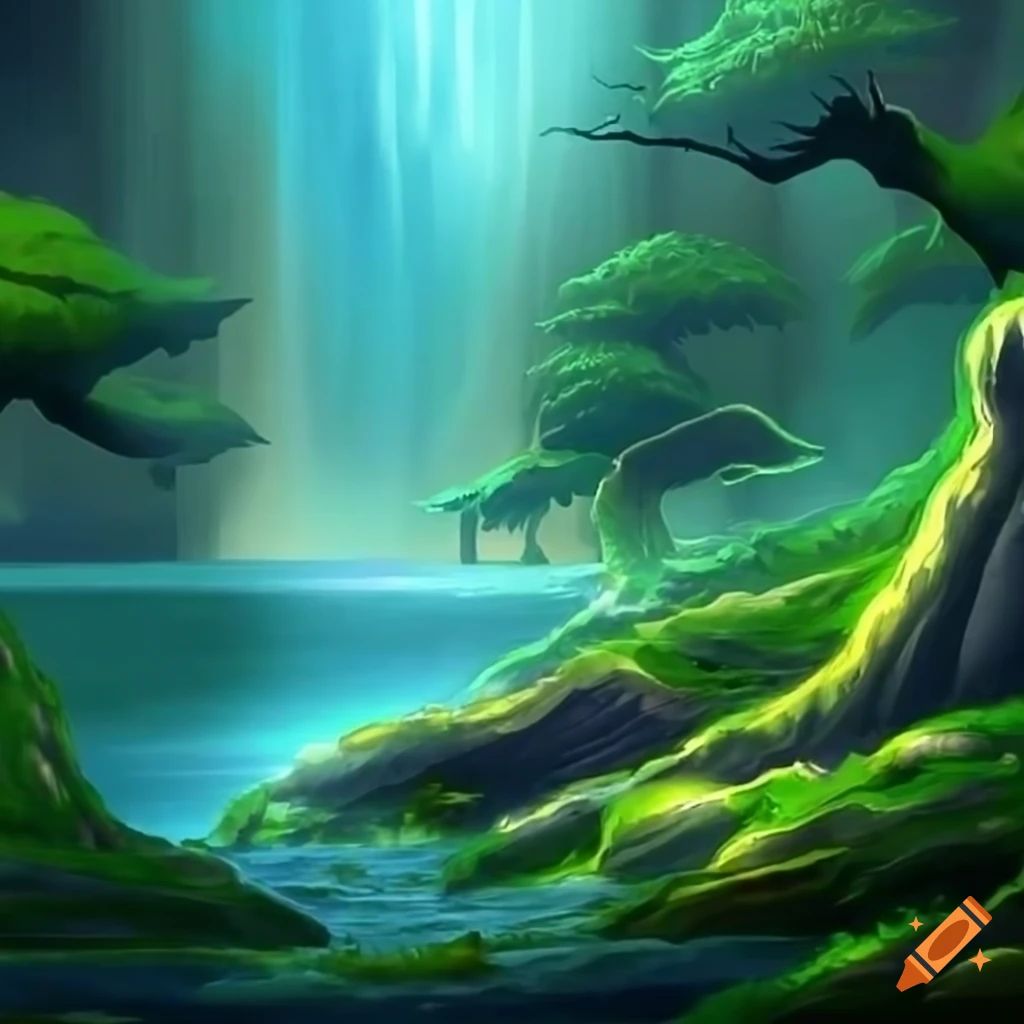 Magical landscape of the world of Eollion with floating castles, magical trees, and fantastic creatures