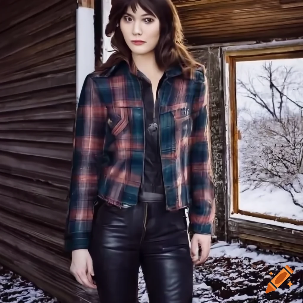 Close-up of a young woman in county plaid shirt and black leather ...