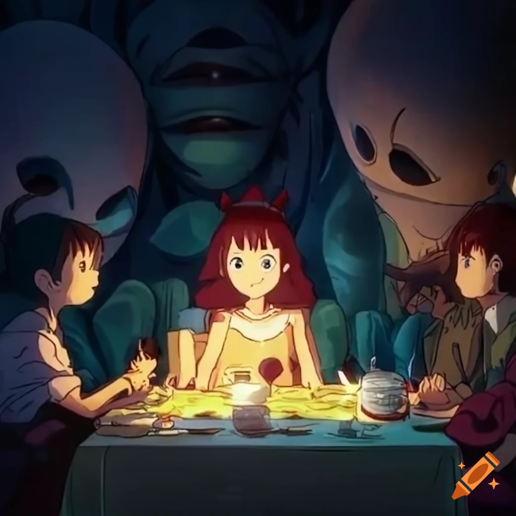Alien beings in a shady cantina in Studio Ghibli's iconic style