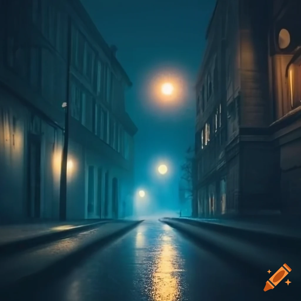 Misty city streets at night with cloudy moonlight and bokeh effect