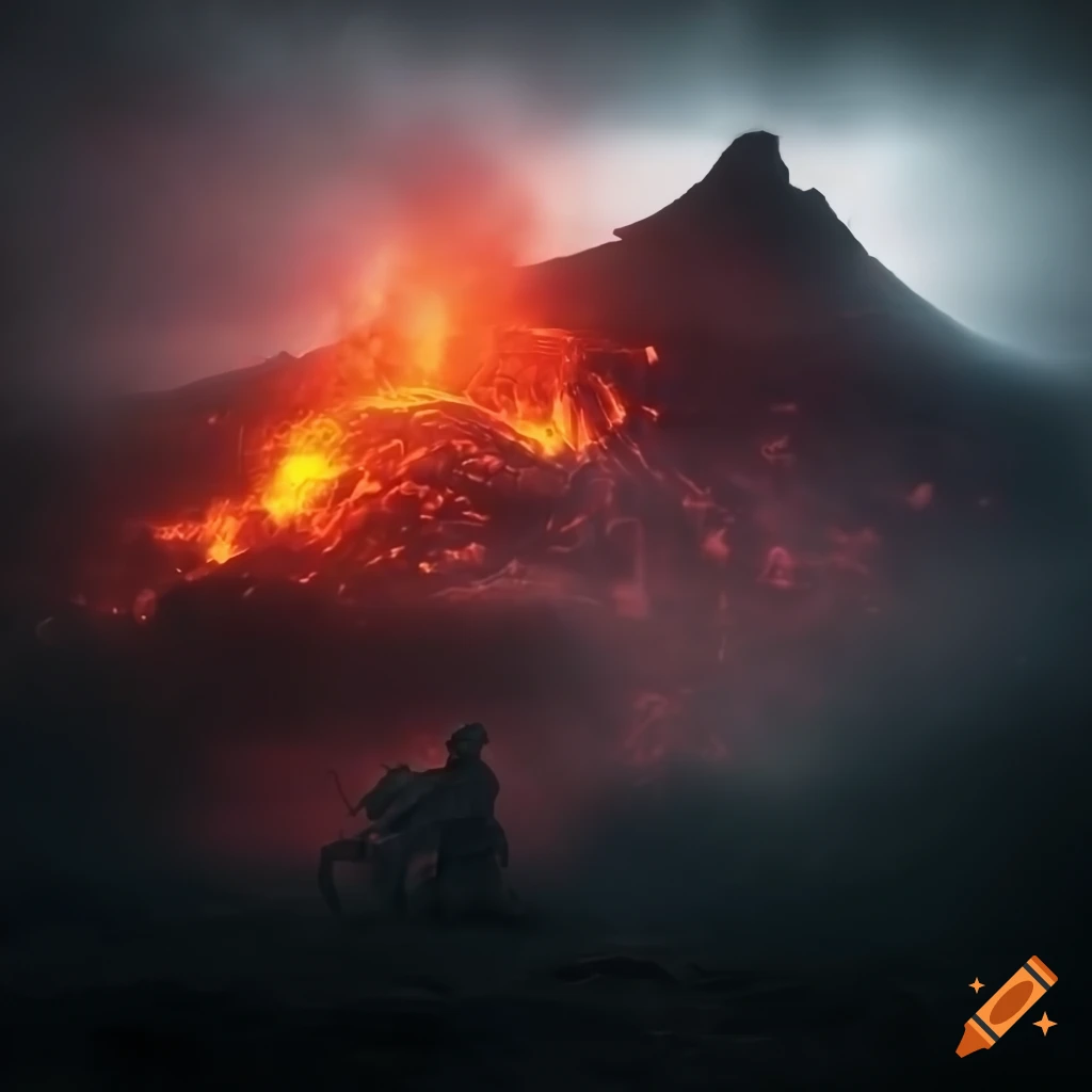 One soldier standing in dark abandoned warzone with colorful smokey volcanoes