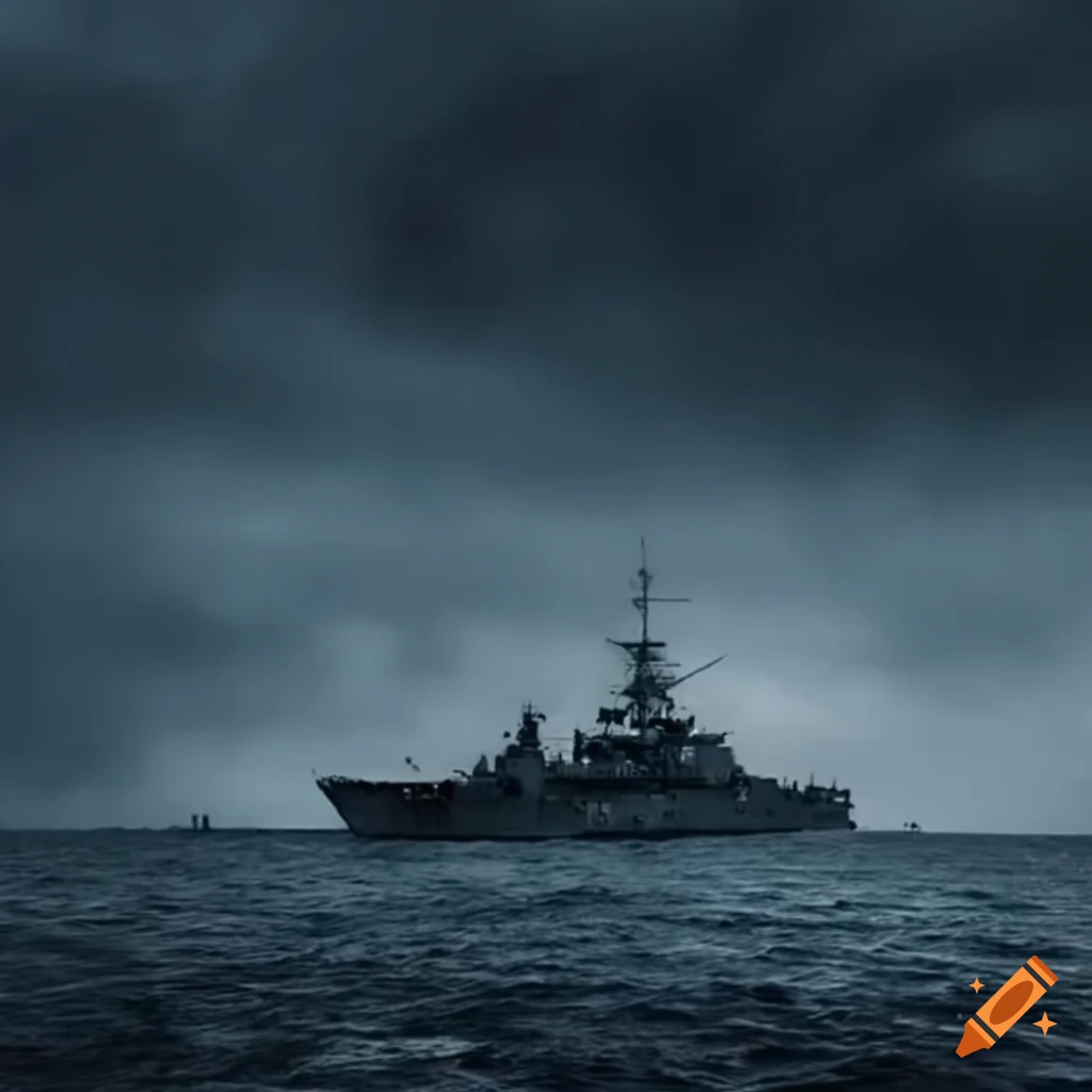 Naval battle between grey and black warships with planes and explosions in the sky