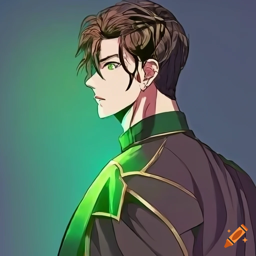 Manhwa character resembling Claude with slicked back brown hair in a black suit and green tie