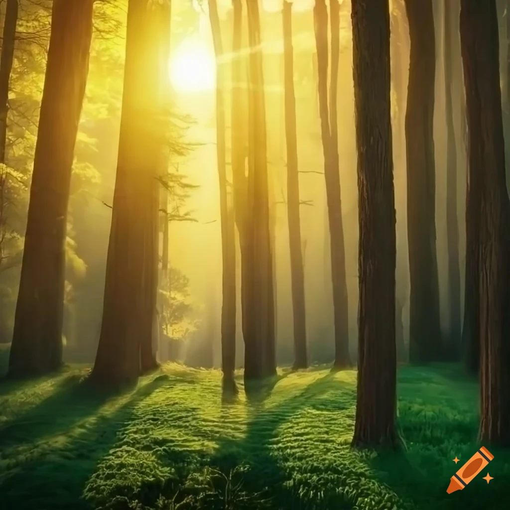 Forest scene with sunlight filtering through trees at dawn on Craiyon