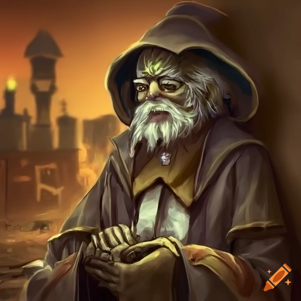 Old grouchy scholar napping in an oasis town in fantasy art style
