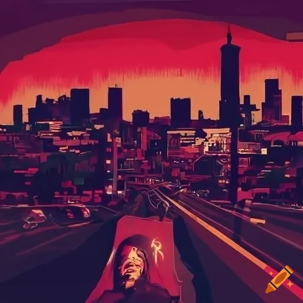 Graphic art of Kendrick Lamar with Compton cityscape background