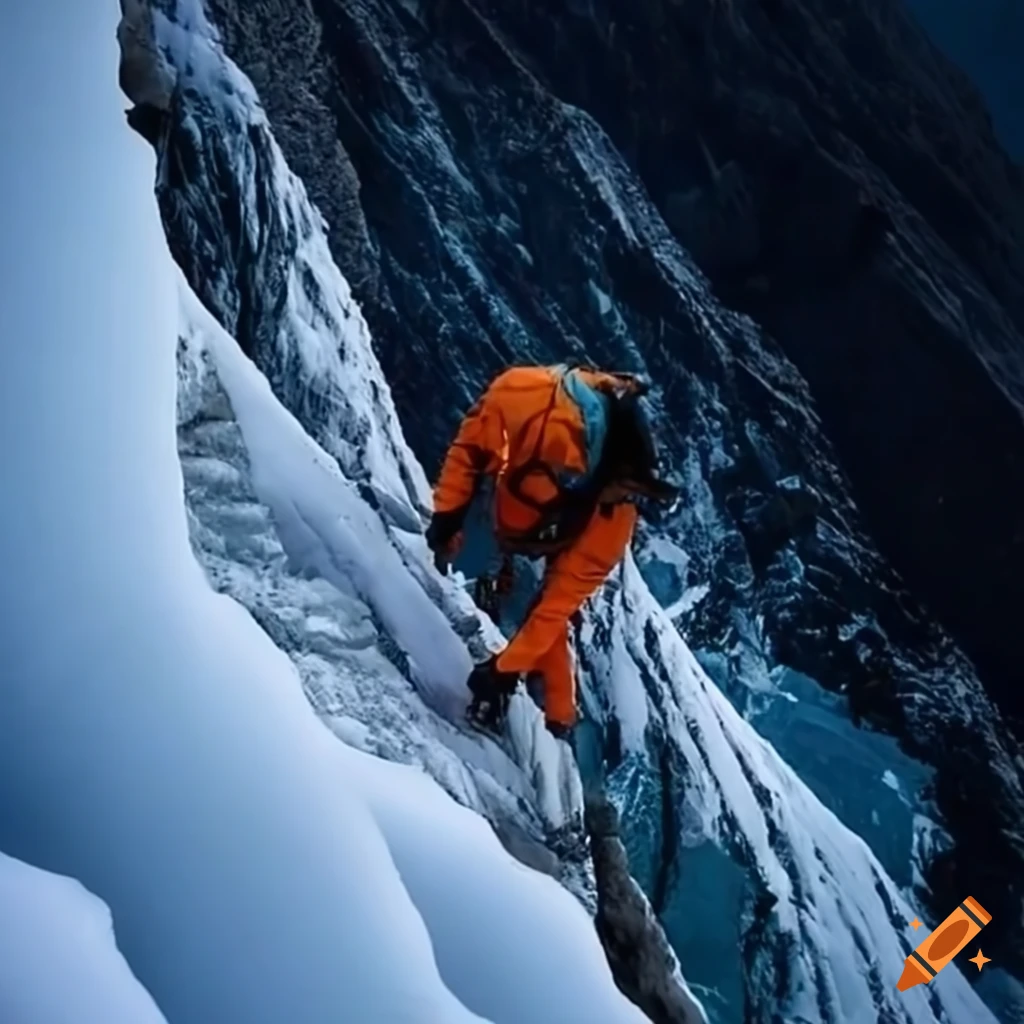 Experienced mountaineer climbing a steep icy cliff on a high mountain