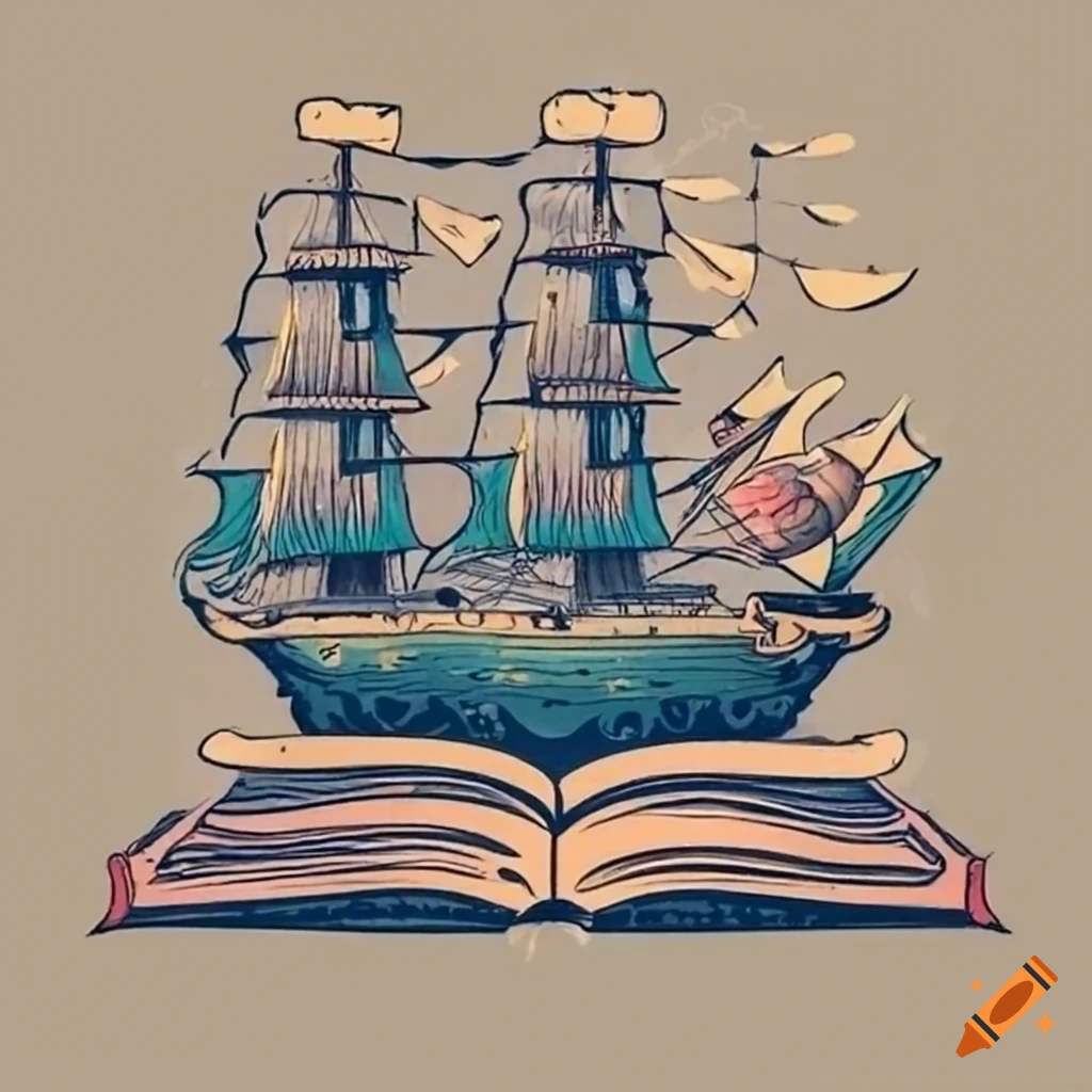 Old open book with a tall ship emerging in vintage tattoo style